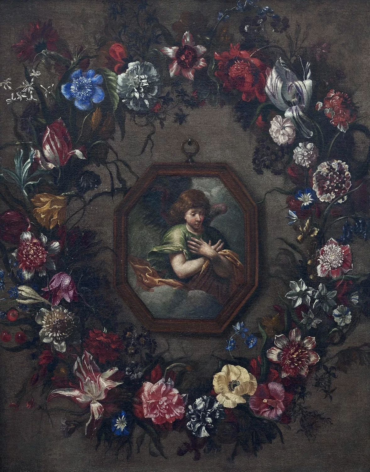 L'angelo dell'Annunciazione circondato da una ghirlanda di fiori